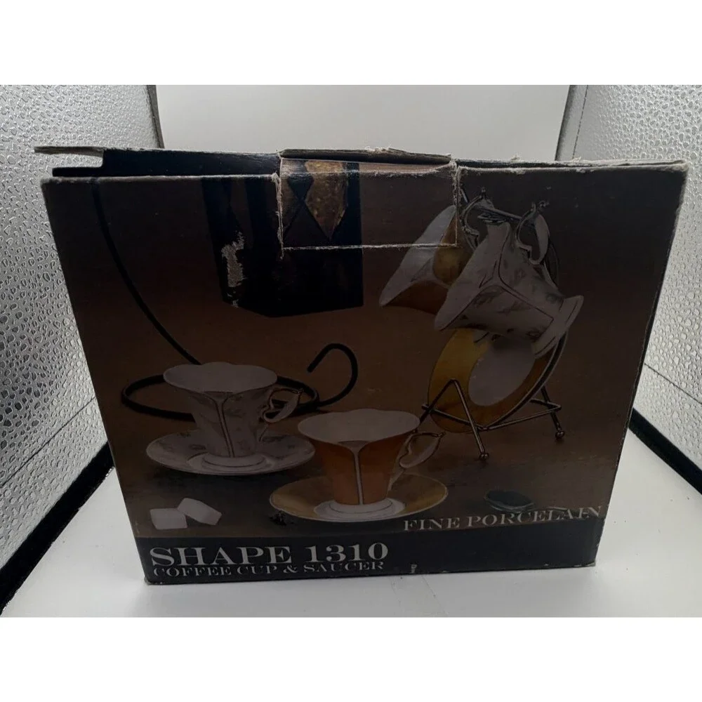 ☕✨ Set of 2 Shape 1320 Fine Porcelain Coffee Cups & Saucers with Gold Trim 💛